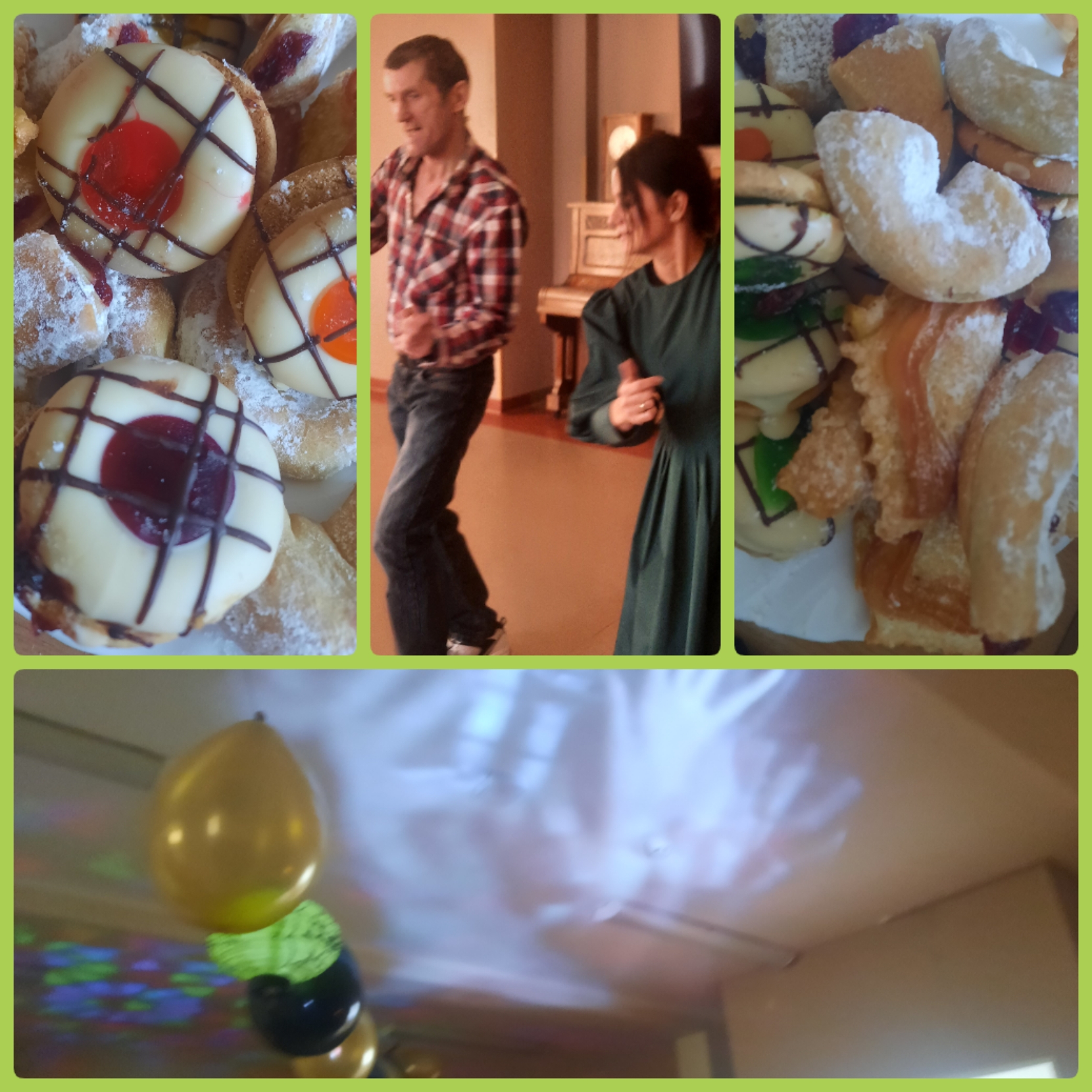 Zdjęcie kolaż - zdjęcia ciastek, balonów oraz Seniora tańczącego z pracownikiem Domu