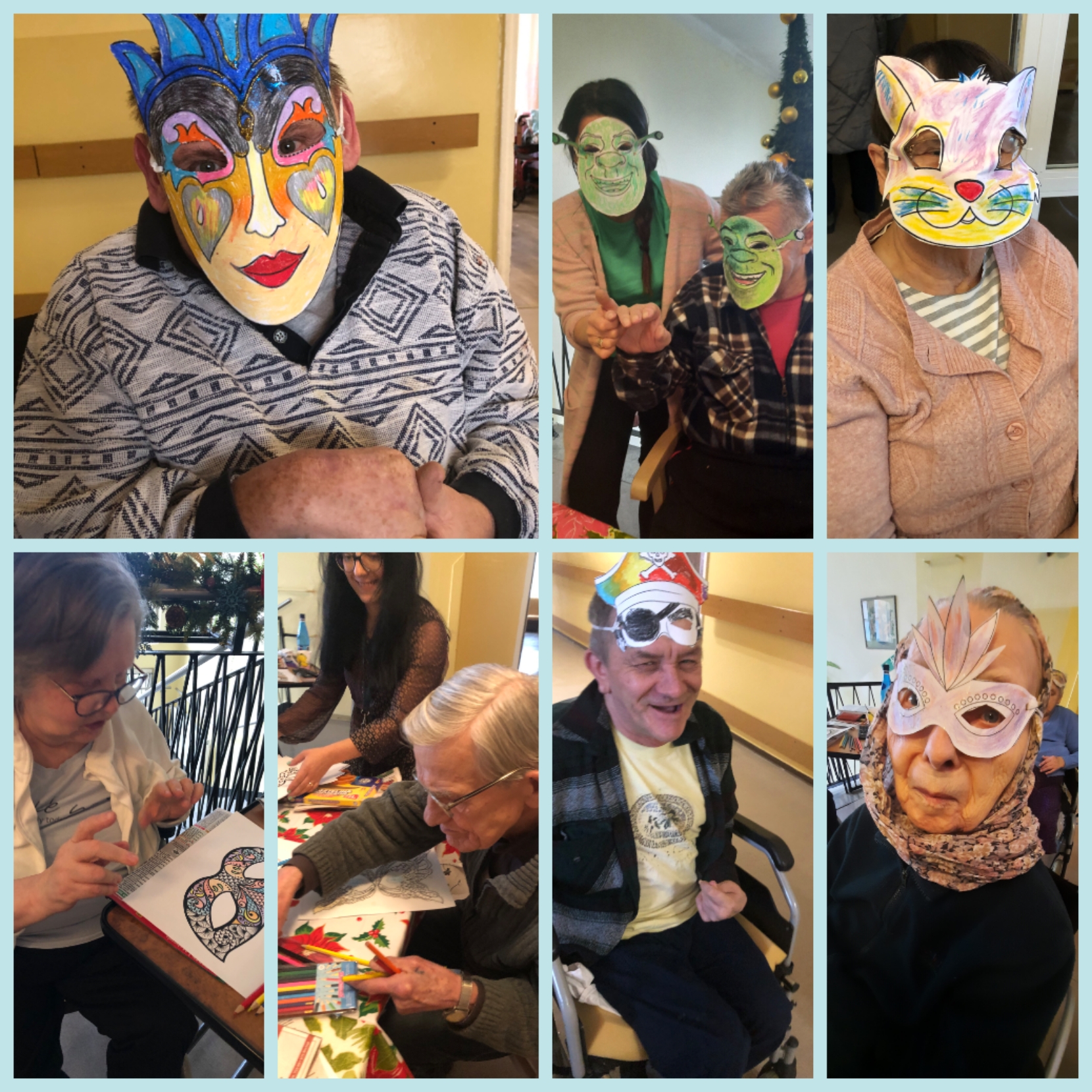 Zdjęcie kolaż - Seniorzy wr różnych maskach karnawałowych