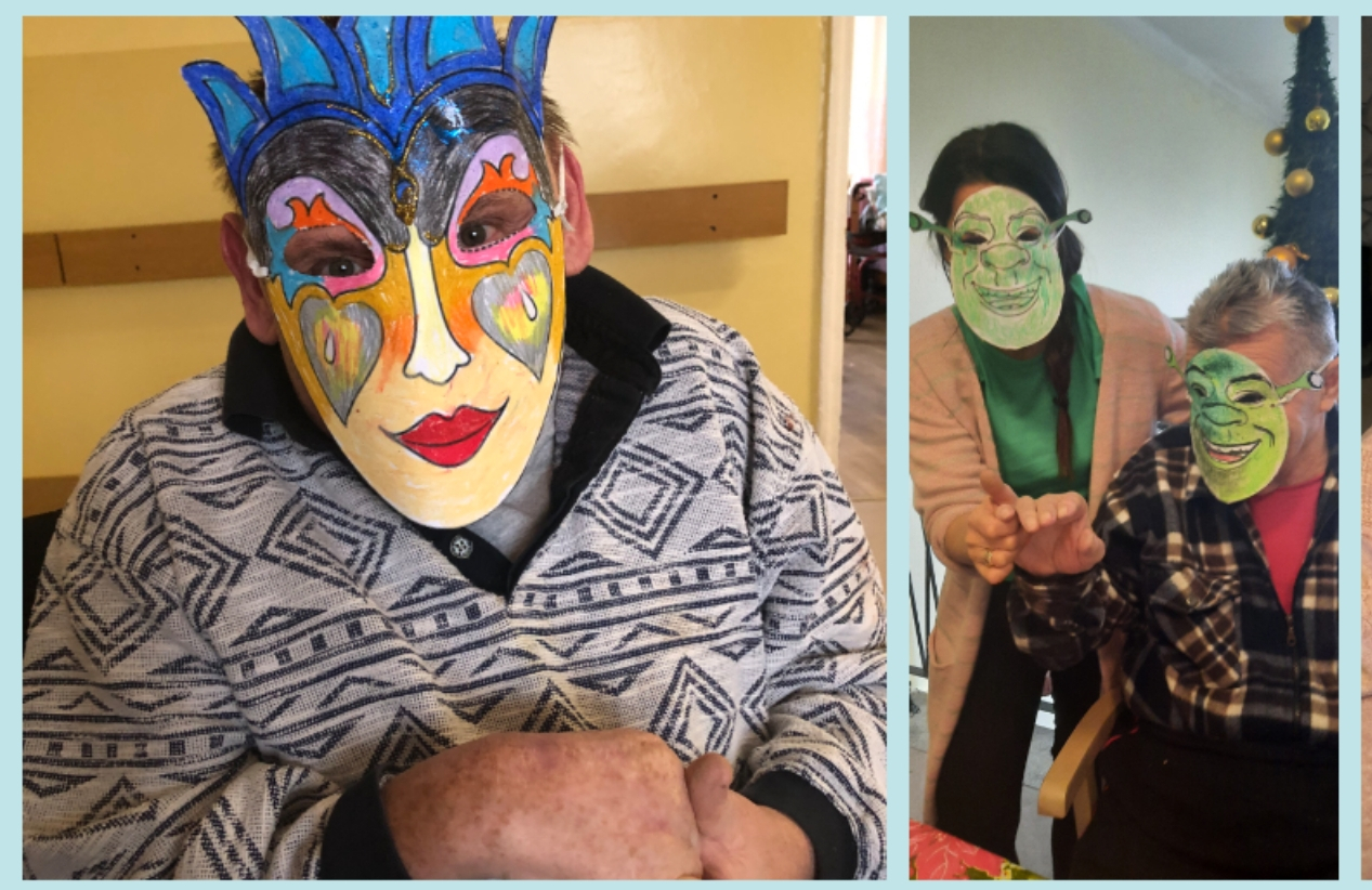 Kolaż seniorek z różnymi maskami karnawałowymi