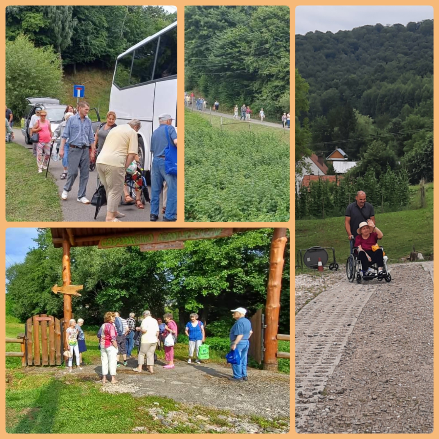 Zdjęcie kolaż - Seniorzy przyjeżdżają na miejsce, wysiadają z autokaru, przechodzą przez głowną bramę na Farmę