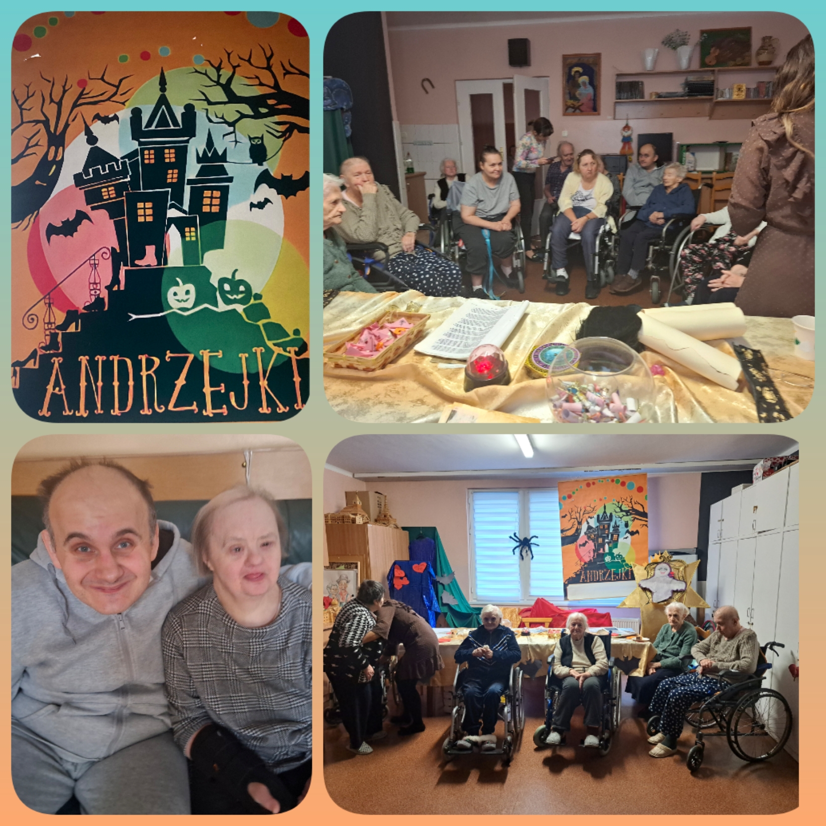 Zdjęcie kolaż - zdjęcie plakatu andrzejkowego z zamkiem wokół, któ©ego latają nietoperze, Seniorzy pozują do zdjęcia na tle ozdobionej andrzejkowo świetlicy