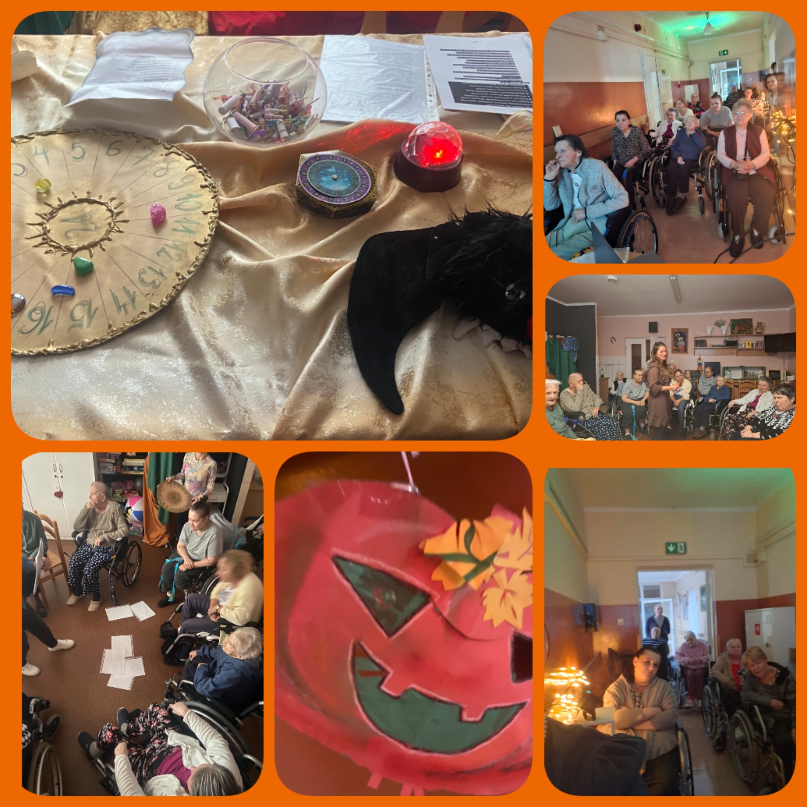 Zdjęcie kolaż - zdjęcia stołu z wróżbami, na którym znajduje się kula z losami, ręcznie zrobiony zegar słoneczny, Seniorzy siedzący przy stołach otrzymują swoje wróżby andrzejkowe, zdjęcie zrobionej z papieru dyni