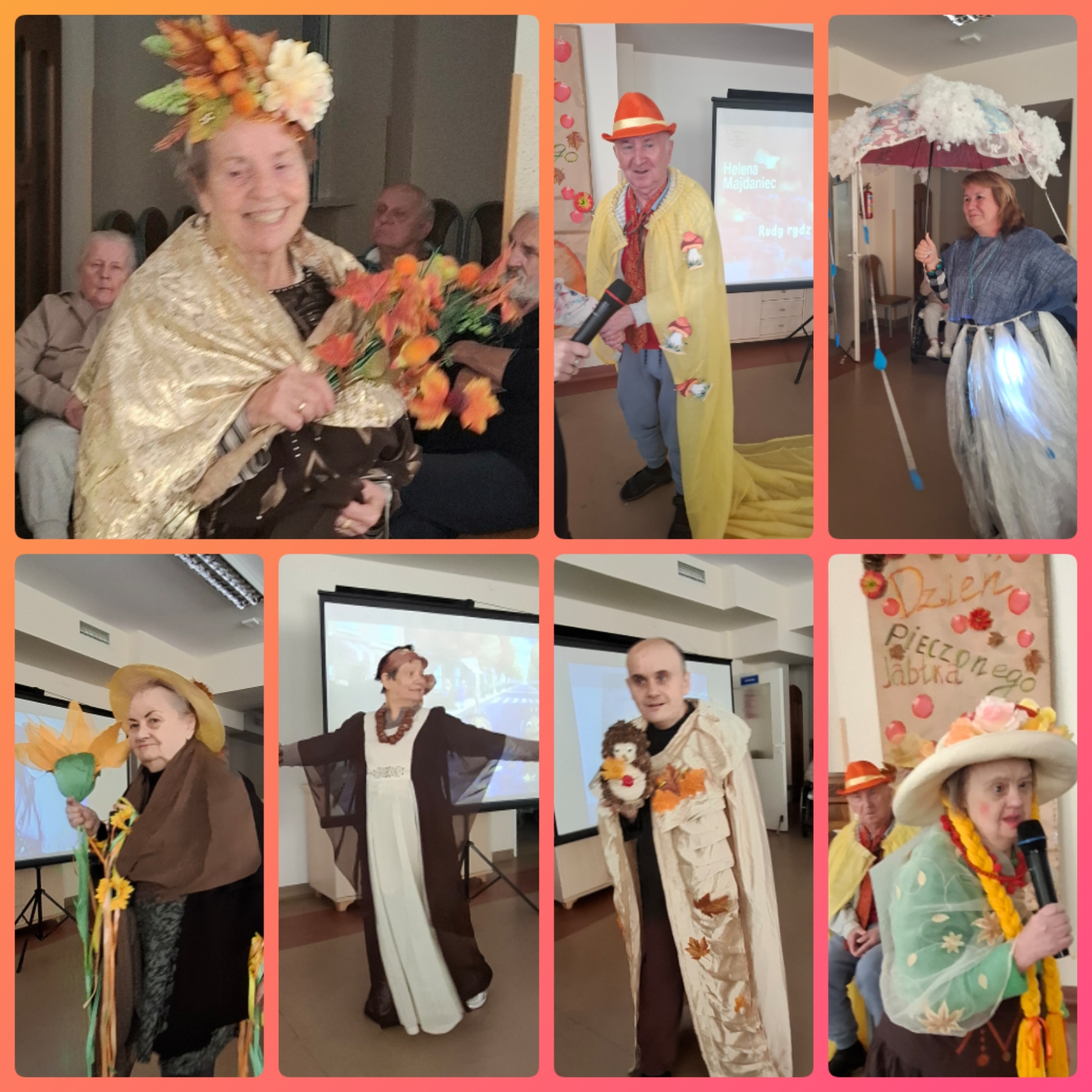 Zdjęcie kolaż - Seniorzy oraz pracownicy Domu przebrani w jesienne kreacje przyozdobione liścmi, jesiennymi bukietami kwiatów. Stroje są w kolorach brązu i beżu 