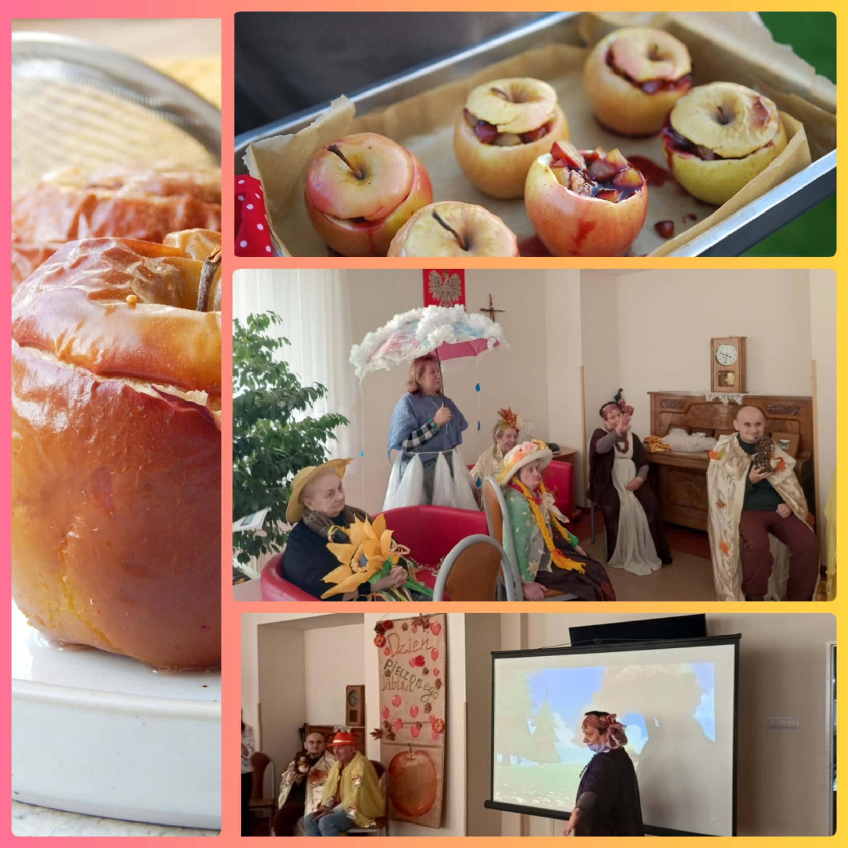 Zdjęcie kolaż - zdjęcie upieczonego jabłka, zdjęcie nadzianych jabłek na blaszce do pieczenia. Zdjęcie pracowników Domu oraz Seniorów uczestniczących w przedstawieniu, w tle znajduje się pianino oraz rzutnik
