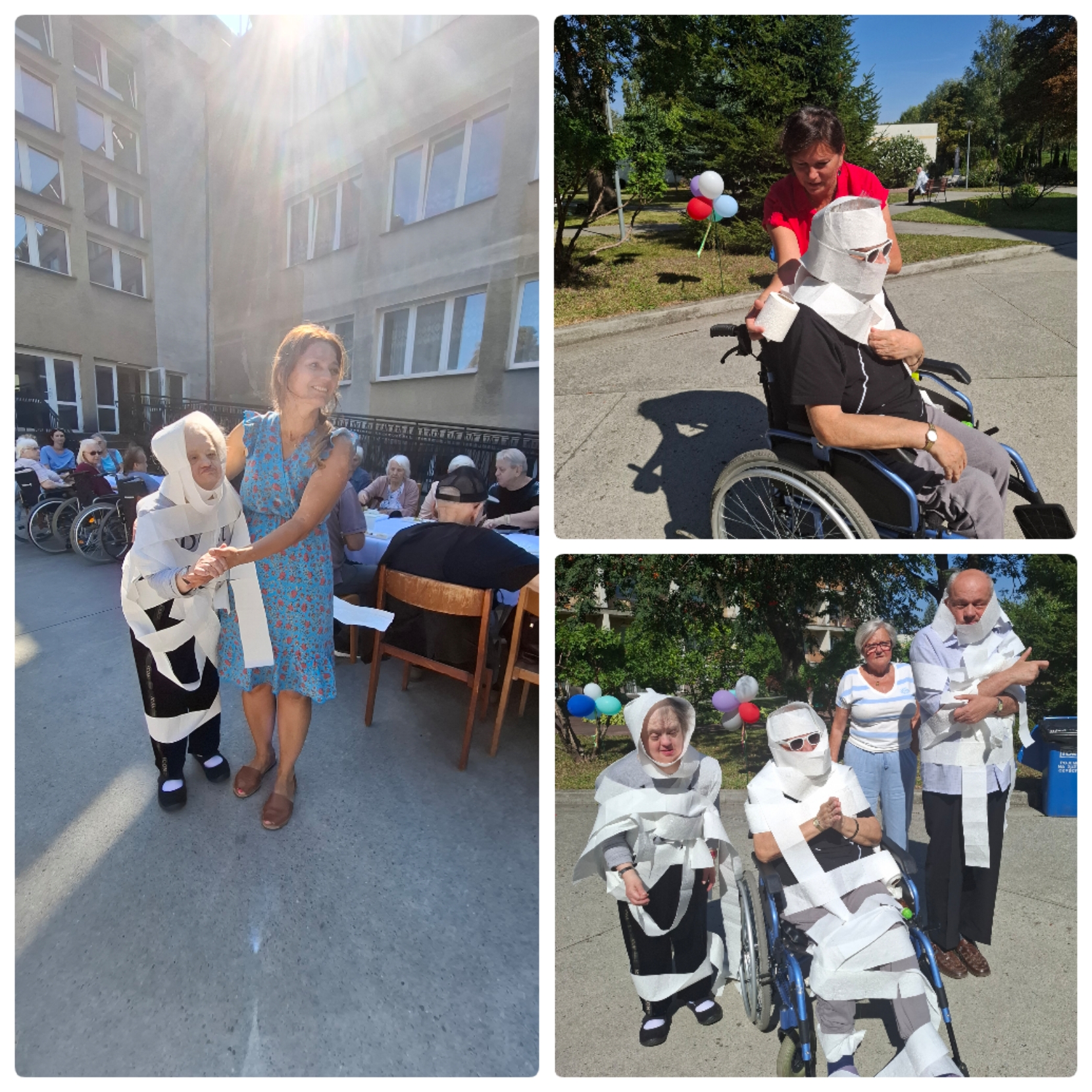 Zdjęcie kolaż - pracowniczka domu stoi z Seniorką przebraną za mumię, drugą pracowniczka DOmu owija Seniorkę siedzącą na wózku papierem, przebierając ją w mumię, Seniorzy przebrani za mumię pozują do zdjęcia