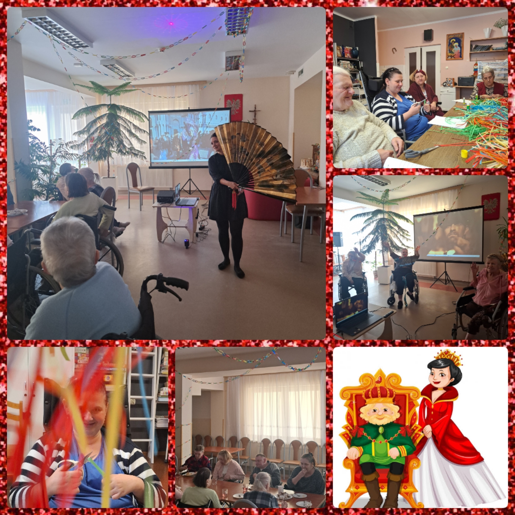 Grupa dzieci występuje przed Seniorami, niektóre trzymają makiety drzew w rękach