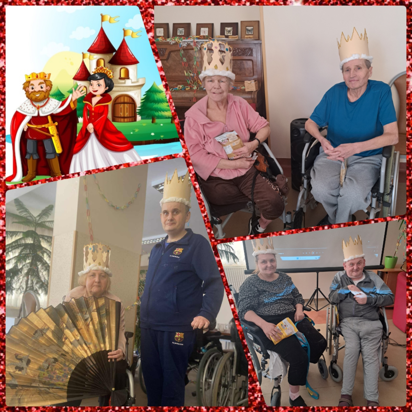 Seniorzy siedzą przy stole, jedzą ciasteczka i piją kawę